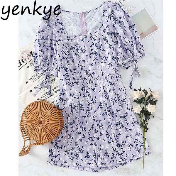 Roxo Floral Print Jumpsuit Mulheres Quadrado Pescoço de Manga Curta Feriado Verão Macacões Macacões Casual Romper Mono Mujer 210514