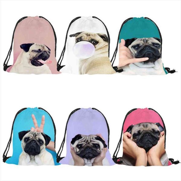 

pug dog 3d printing women girls backpack travel shopping drawstring bag eco polyester bags rucksack mochila sac a dos