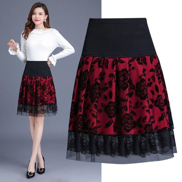 

skirts the mid-length skirt anti-walking light pleated large size high waist thin poncho flower, Black