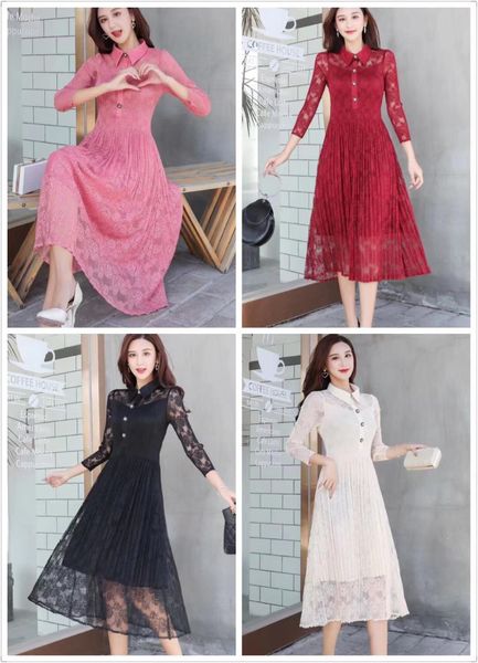 

dress miyake fold of solid three quarter lace turndown collar pleated, Black;gray