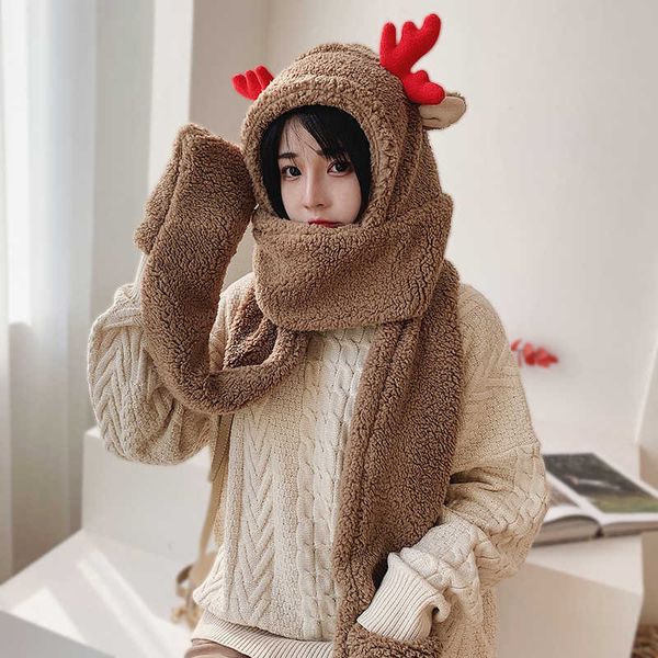 

christmas antler hat scarf gloves one three piece hooded lovely psh thickened warm ear protection cycling in winter, Blue;gray