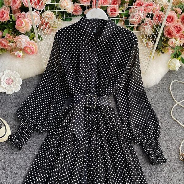 

casual dresses retro long skirt long-sleeved chiffon lotus leaf spring and autumn dress chic gentle wind temperament waist big pleated, Black;gray