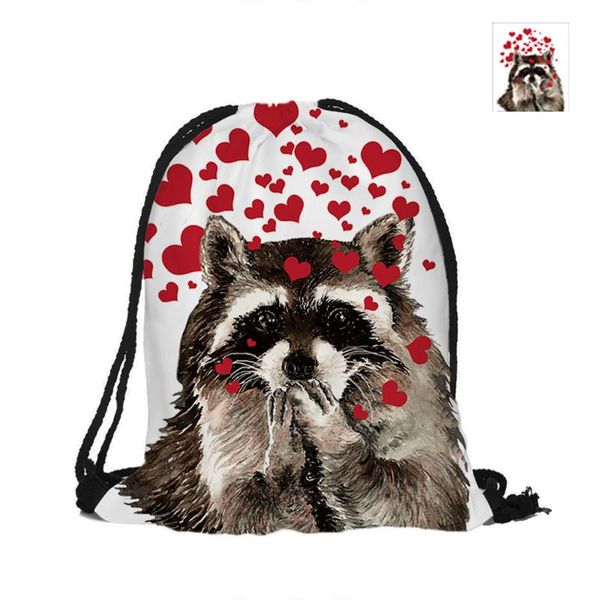 

backpack kiss from cute raccoon printing drawstring bags printed with double sides for woman girl man school travel used