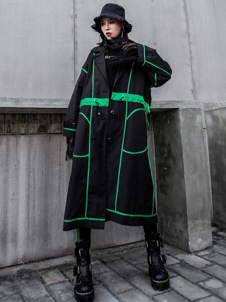 

women's trench coats women line stitch large size drawstring lapel long sleeve loose fit dj windbreaker fashion autumn winter 2021, Tan;black