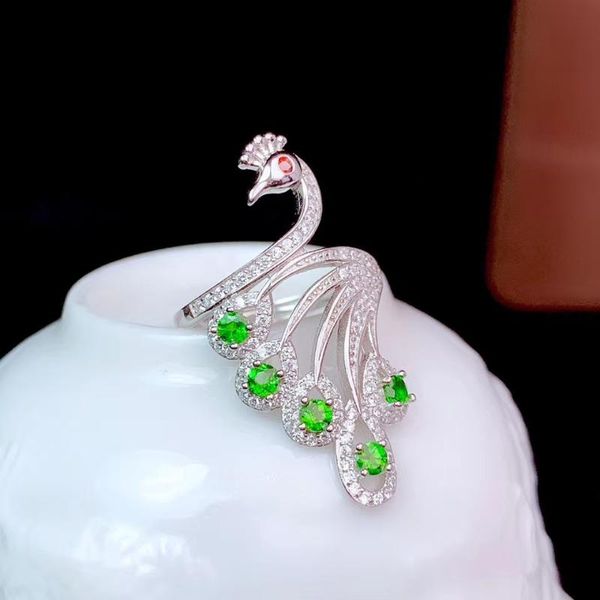 

cluster rings kjjeaxcmy fine jewelry 925 sterling silver inlaid natural diopside noble peacock woman's ring support test selling, Golden;silver
