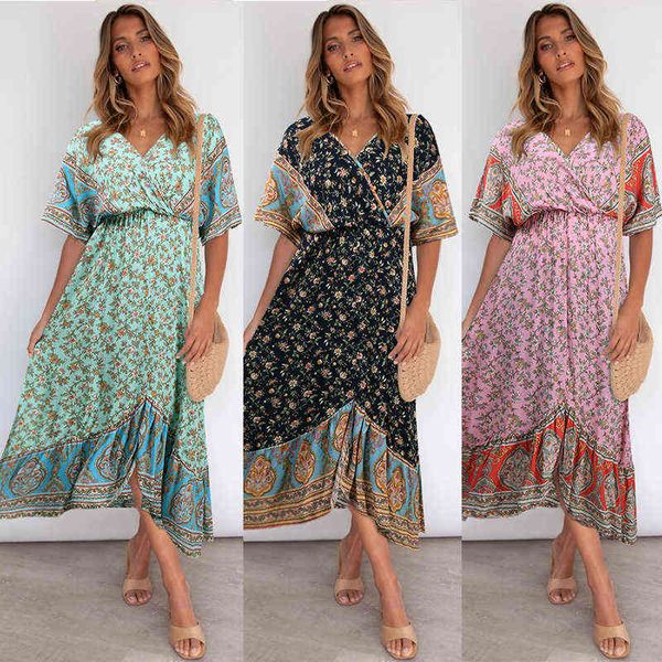 

casual dresses women's summer bohemian skirt short sleeve floral drs, Black;gray