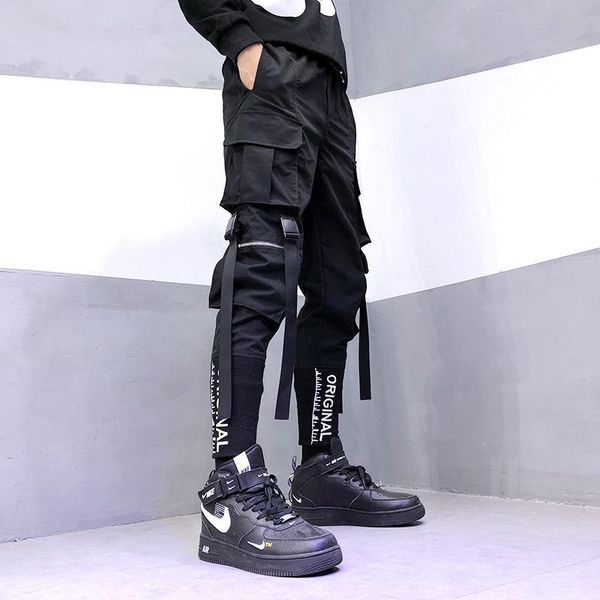 men's pants stylish 2021 japanese fashion harajuku streetwear cargo for men ribbon pockets joggers techwear trousers hip hop, Black