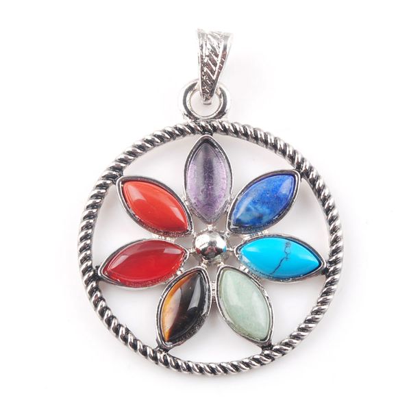 

wojiaer 7 chakras natural stones flowers pendants health amulet healing necklace 18" length jewelry charms pendant n3267, Silver