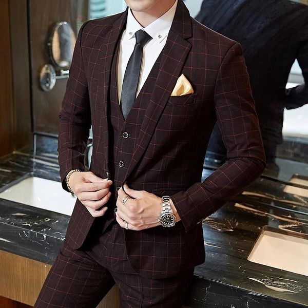 

men's suits & blazers fashion wedding handsome male slim fit black plaid suit 3pc set groom pants men formal business work wear dress, White;black