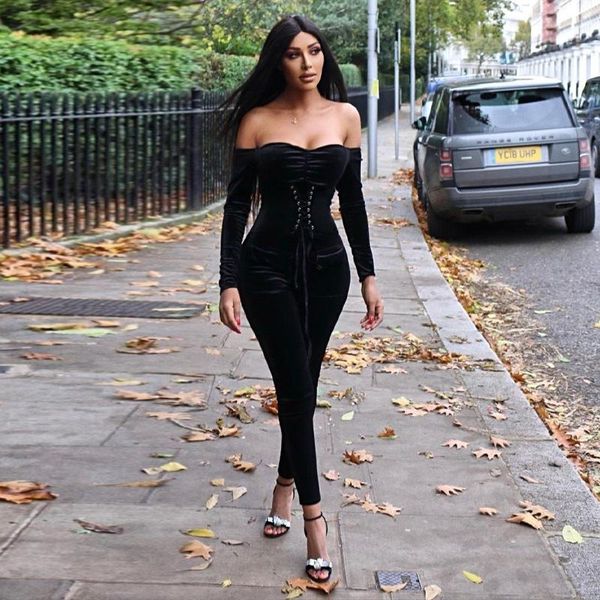 

elegant knitted rib corset rompers womens jumpsuit off shoulder bandage pencil pants bodycon black grey club women women's jumpsuits &, Black;white