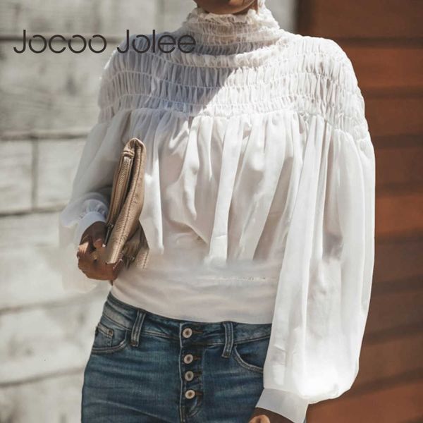 

jocoo jolee spring lantern long sleeve stand neck pleated blouse lady back tie up bow loose shirt designer short blusas 210619, White