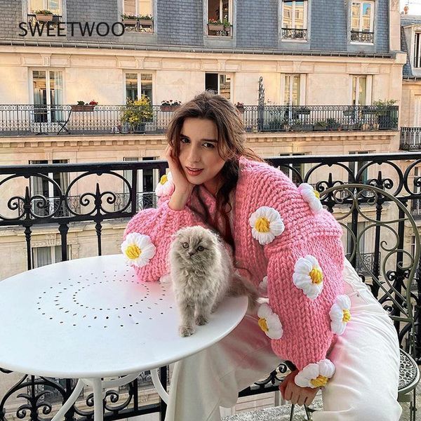 

women's knits & tees oversized chunky cardigan women long sleeve bloom knit 3d floral coat loose winter warm sweater, White