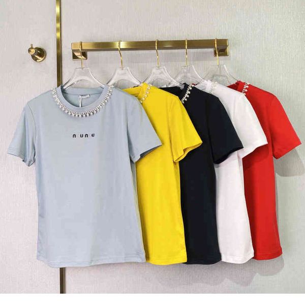 

fashion women t shirts dress diamond beading 5a trend designer summer cotton t-shirt short sleeve female loose tees tshirt womens clothing, White