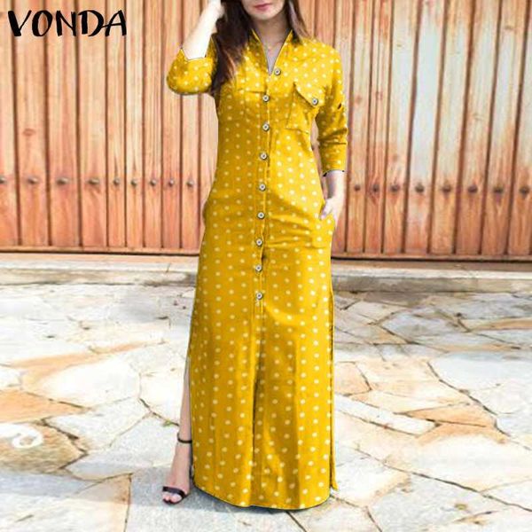 

casual dresses vonda women shirt dress plus size vintage polka dot print long sleeve lapel button down maxi bohemian party vestidos, Black;gray