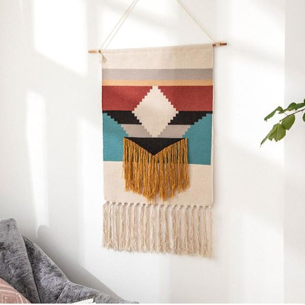 

tapestries nordic hand-knitted tassel tapestry art wall hanging cloth carpet handmade geometric cotton bohemian home room decoration