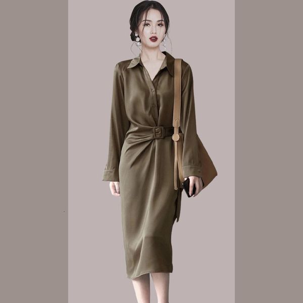 

casual dresses elegant stain office shirts 2021 new long sleeve single breasted chic female straight sashes spring summer a3tw, Black;gray