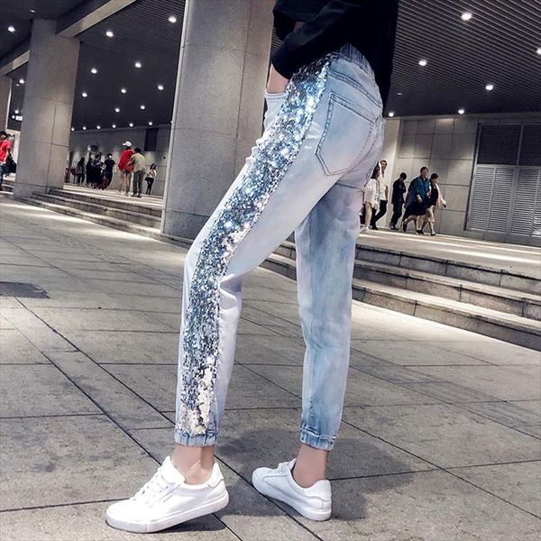 

harajuku harem lace up glitter women capris jeans denim trousers stretch skinny blue casual streetwear pantalon femme, Black;white