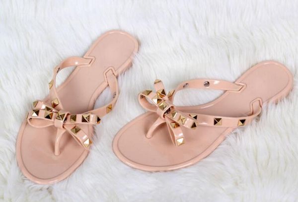 

classic new 2019 woman summer sandals rivets big bowknot flip flops beach sandalias femininas flat jelly designer sandals no box, Black