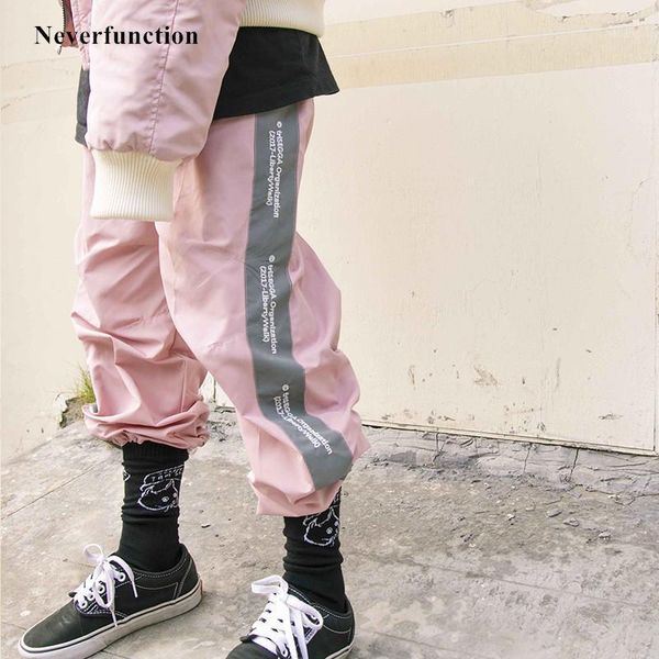 

men's pants men stitching reflective side stripe letter embroidery track streetwear pink windbreaker sweatpants joggers trousers, Black
