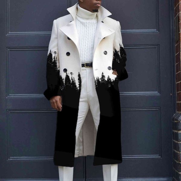 

men's wool & blends cool coat long sleeve fall color block black white trench oversize outwear fashion casual streetwear jacket pl