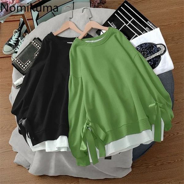 

nomikuma causal fake two pieces women jumpers korean patchwork bow tie sweatshirts spring new graphic hoodies 6f436 210427, Black