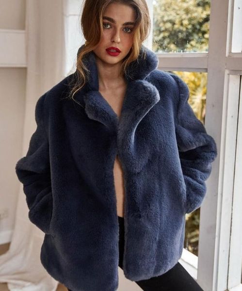 

Imitation Fur Jackets Elegant Streetwears Female Fake Rabbit Fur Outwears Solid Color Tops, Black