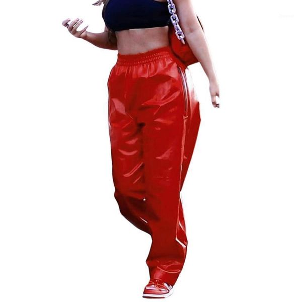 

spring autumn women casual style pants, adults solid color faux leather trousers with zipper pockets women's pants & capris, Black;white