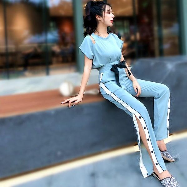 

women's suits & blazers spring summer designer clothes women casual loose blouses and long side cut trousers pants set feminino yh185, White;black