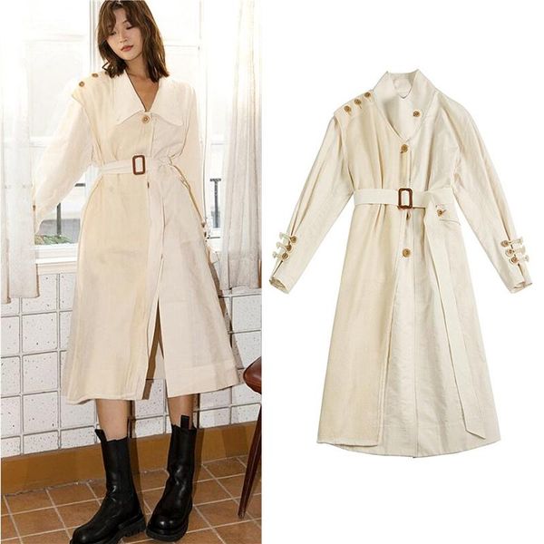 

women's trench coats runway fashion designer autumn coat for women high street full sleeve loose outerwear with belt sl333, Tan;black