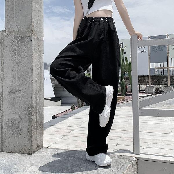 

women's pants & capris 2021 high-waist straight-leg loose jeans streetwear wide-leg ladies fashion slim drape hyuna mopping trousers, Black;white