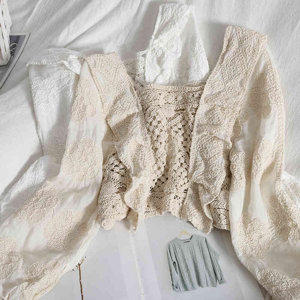 

casual square collar hollow out blouse women spring korean chic white/beige long sleeve short female vintage shirt 210426
