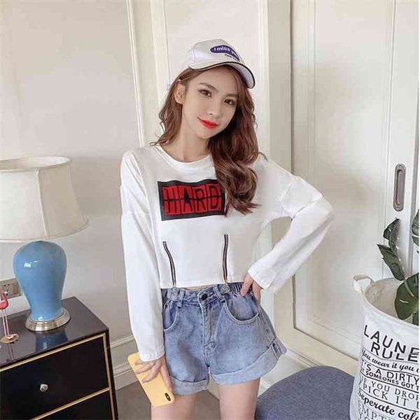 

autumn winter women's sweatshirts korean printing zipper high waist short shirt loose and versatile long-sleeved gx641 210507, Black