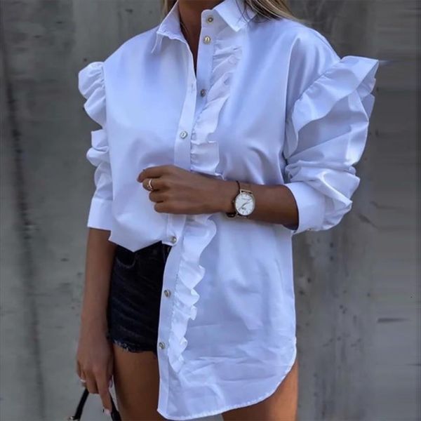 

vintage ruffled streetwear womens shirt long sleeve turn down collar solid elegant casual autumn fashion, White