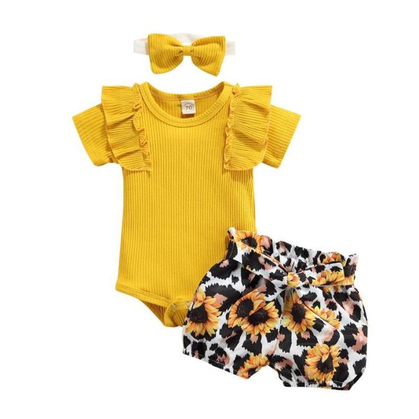 

clothing sets baby girls summer outfits short sleeve solid color rib knit romper sunflower shorts headband set 2pcs, White