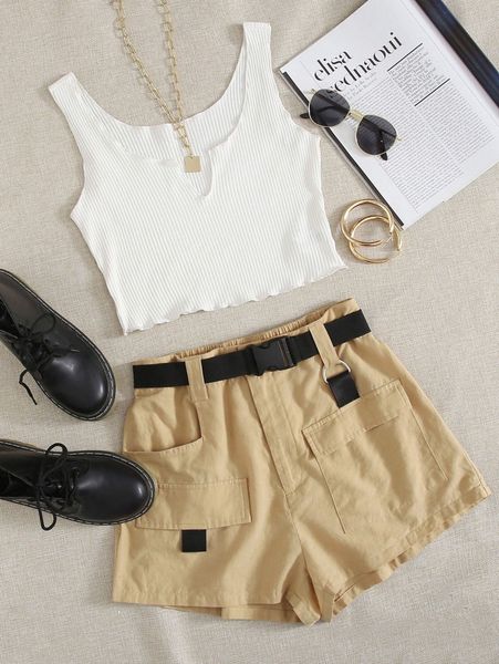 

notch neck split hem lettuce trim tank & push buckle belted shorts set n4g0#, White