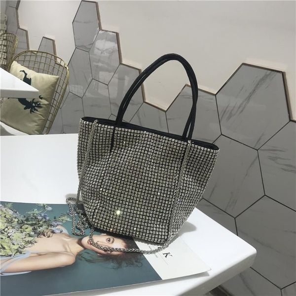 Lüks Kadın Rhinestone Çantası Büyük Casual Tote Chian Omuz Bayanlar kadın Moda Kadın Çanta Gümüş Çanta 542 Totes