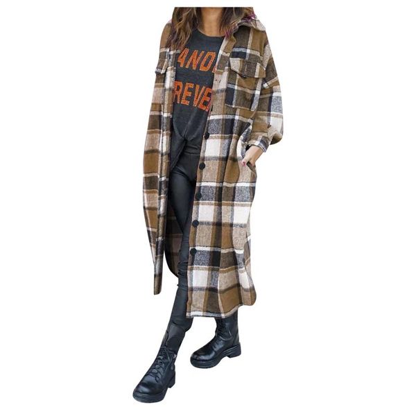 

women's wool & blends women plaid print autumn winter jacket long sleeve button pocket chic lapel coats streetwear fall thick coat #t2g, Black