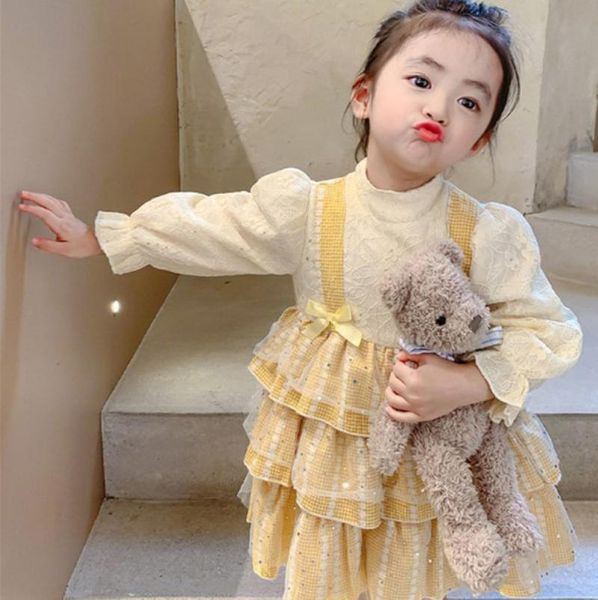 

girl's dresses baby girls cute sweet lolita birthday party princess dress children kids lace patchwork multi layered ruffles cake gowns, Red;yellow