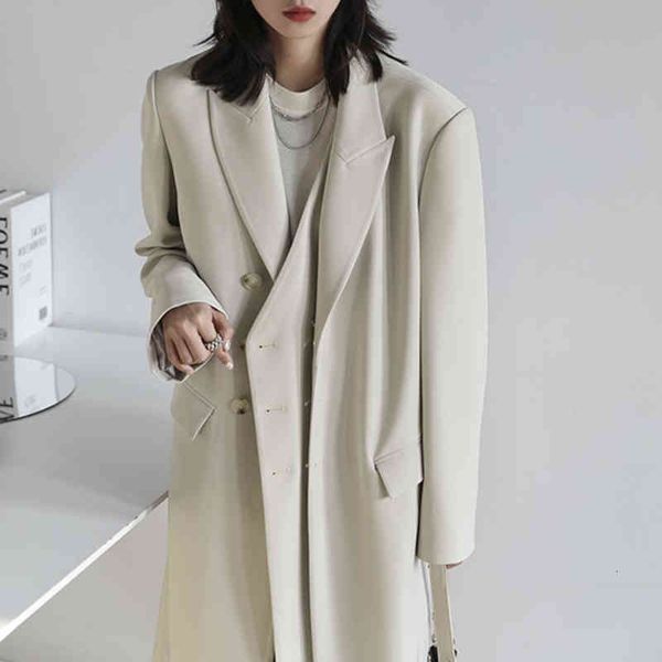

women's wool & blends [ewq] corÃ©ia chique preto blazer blusÃ£o feminino casacos outono novo entalhado solto manga longa longo terno tren, Black