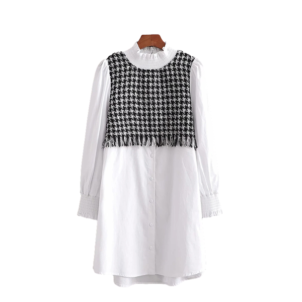 

casual dresses spring chic girl stitching woolen fringed pleated lace collar mid-length sweet cotton dress woman, Black;gray