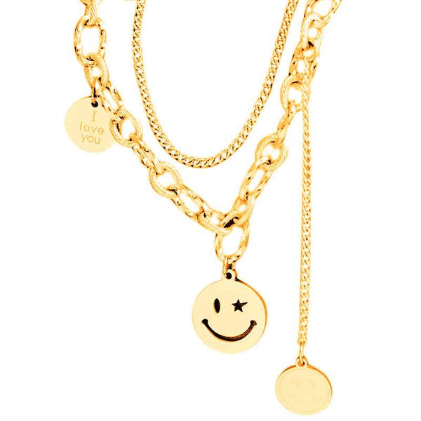 

2021 hip-hop punk women's fashion jewelry stainls steel multi-layer thick chain smiley face pendant necklace, Silver