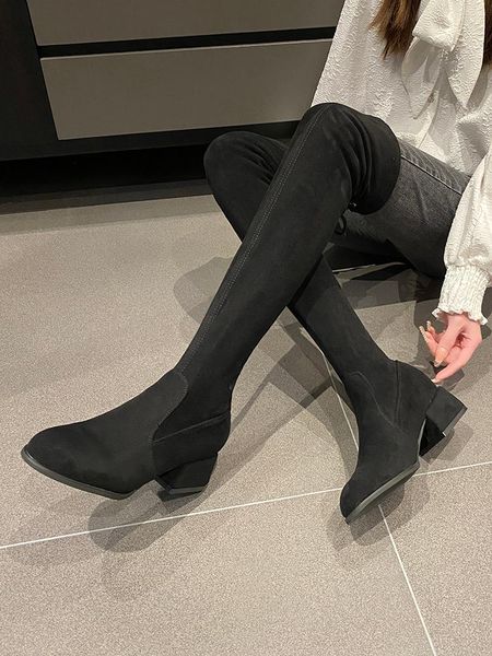 

boots women 2021 female shoes round toe lace up thigh high heels luxury designer ladies rubber summer over-th, Black