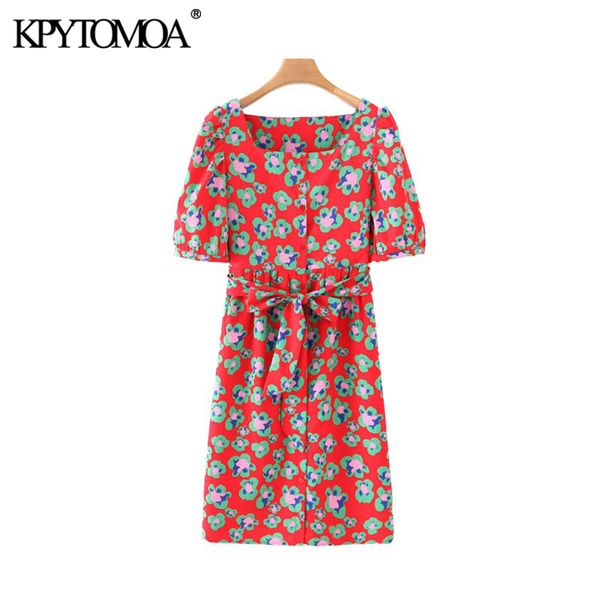 

vintage stylish floral print bow tie sashes mini dress women fashion square collar short sleeve female dresses vestidos 210416, Black;gray