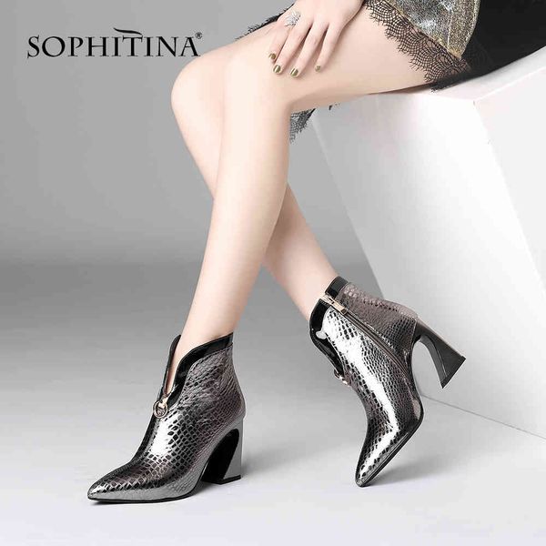 

sophitina fashion women boots winter pointed toe 8.5 cm super high heel shoes casual solid genuine leather lady boots po235 210513, Black