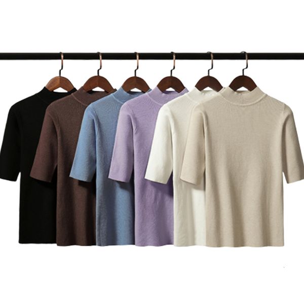 

solid color elastic nightgown thin short sleeve jumpers stretch half turtleneck high sweater bodycon cafarena mujer office, White;black