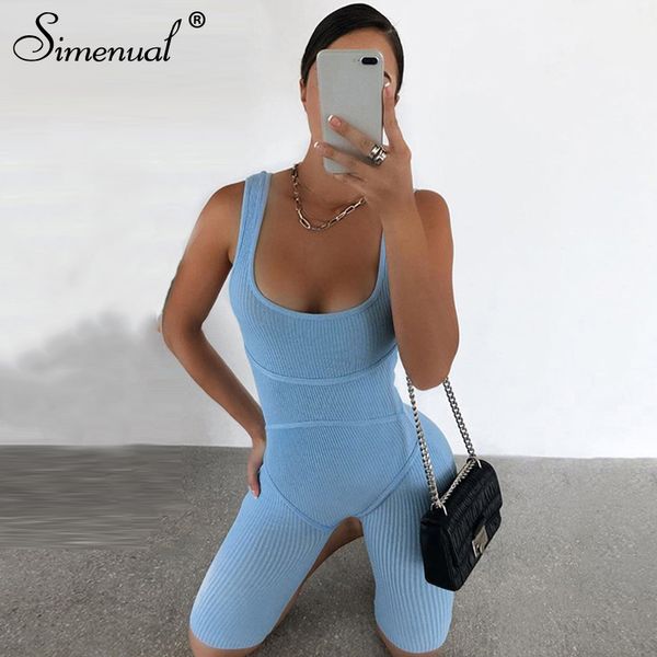 

simenual ribbed skinny casual biker shorts rompers womens jumpsuit sleeveless sporty workout bodycon fashion playsuits solid hot, Black;white