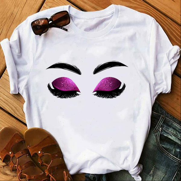 

makeup art women t shirts eyelashes print vogue all match shirt kawaii streetwear hipster summer woman clothes, White
