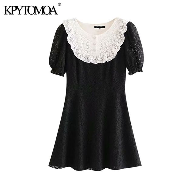 

women chic fashion pearl buttons lace mini dress vintage short sleeve with lining female dresses vestidos mujer 210420, Black;gray
