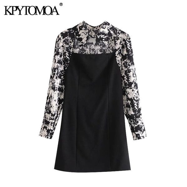 

women chic fashion patchwork printed mini dress vintage long sleeve side zipper female dresses mujer 210416, Black;gray