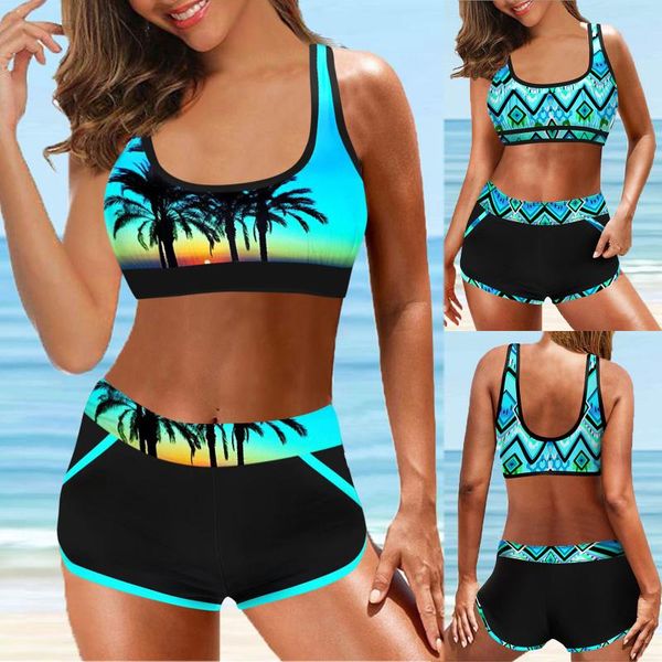 

women's swimwear 2021 swimsuit feminine split vest with pockets high waist boxer pants printed bikini 2 piece sets womens, White;black